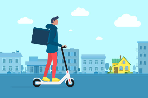 Delivery young male courier riding electric scooter with package product box. Fast shipping service concept on city street. Vector logistic illustration active hipster adult millennial on cityscape