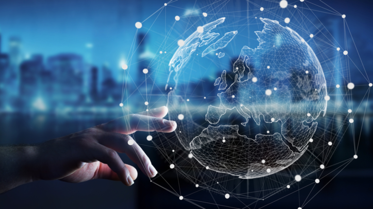 A hand touching a technological cluster which had taken the form of planet earth